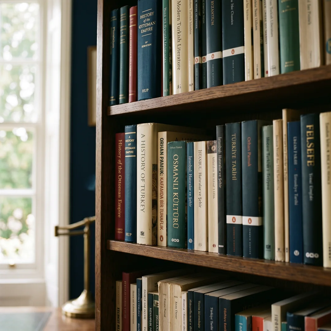 Bookshelf with Turkish and English academic texts