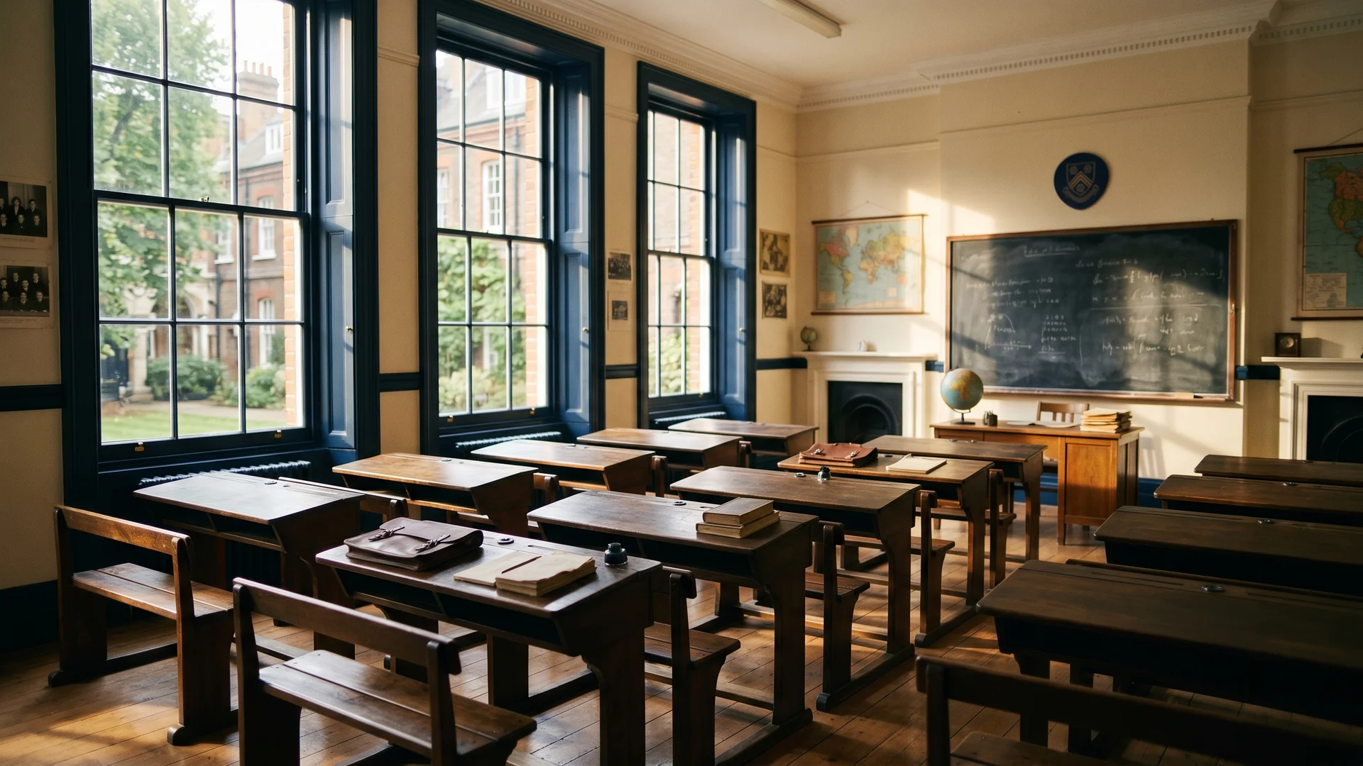 Empty London independent school classroom with morning light