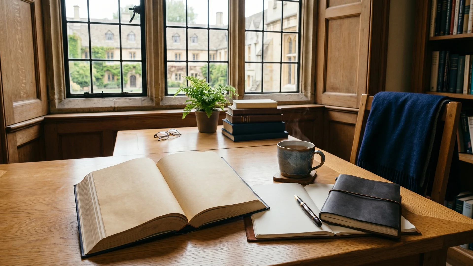 Study scene — open Turkish textbook with notebook and tea, soft window light